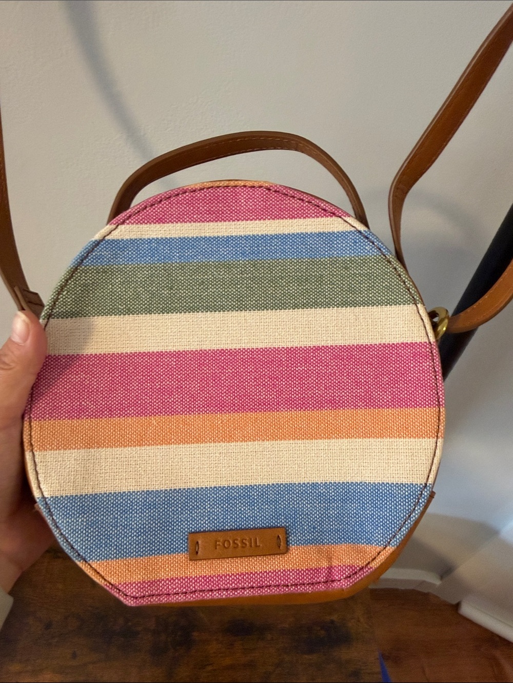 Fossil Round Stripe Canvas Crossbody in Pink, Blue, Orange, Cream, Green, Tan